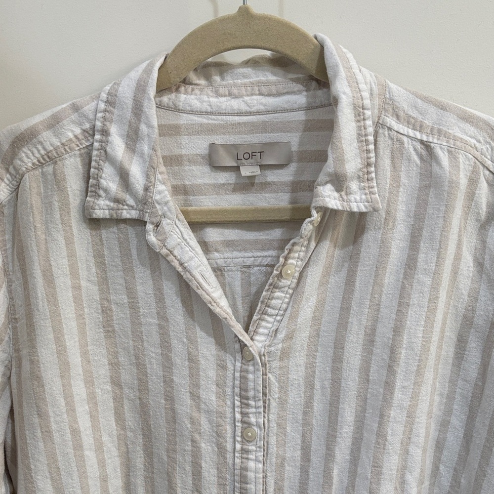 LOFT Beige and White Striped Button-Down Tie-Hem Shirt - Picture 2 of 4